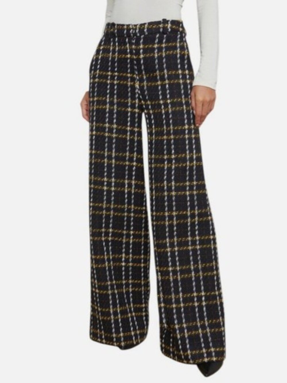L'Agence Size 0 NWT Women's Black Tweed Plaid High-Rise Wide-Leg Pilar Pants - Picture 1 of 5